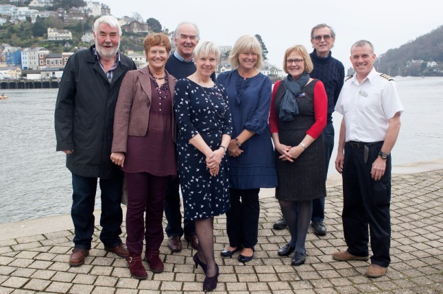 The new Cruise ship group: (Back L-R) Deputy Mayor Rob Lyon, Dartmouth BID  Chairman Paul Reach, town councilor Richard Cook and Harbour Master Capt Rob Giles. (Front – L-R) Dartmouth BID team member Francesca Johnson, Dartmouth Tourist Information Centre’s Sue Stone, Tricia Daniels and Dartmouth TIC manager Lesley Turner.